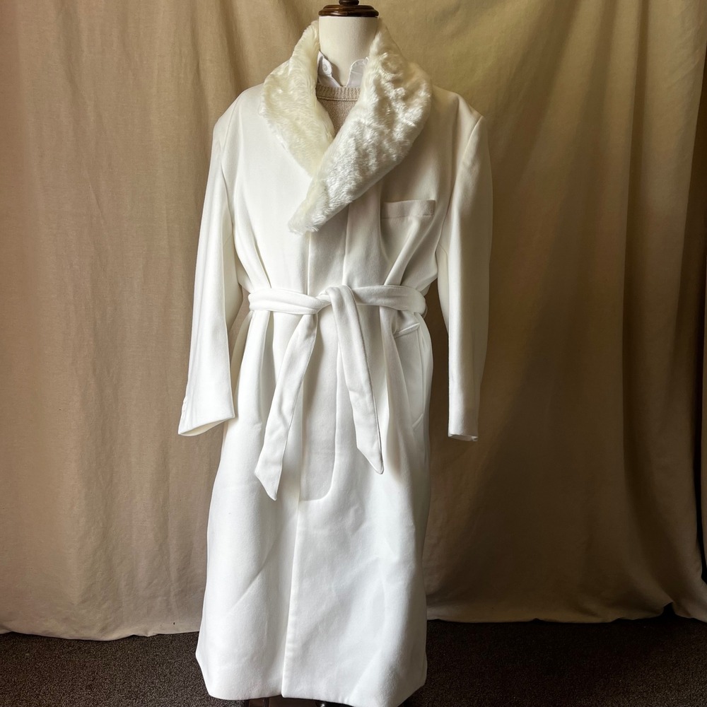 Falcone White‎ Full Length Overcoat Removable Faux Fur Collar Belted Mens 52